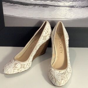 Sole Society Tan Linen Ivory Lace Wood Stacked Wedge Heel Slip On Shoes Sz 10